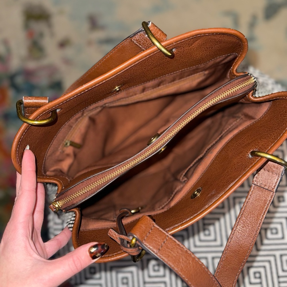 Fossil Lane Satchel Handbag - Brown, Black & White - Picture 3 of 11